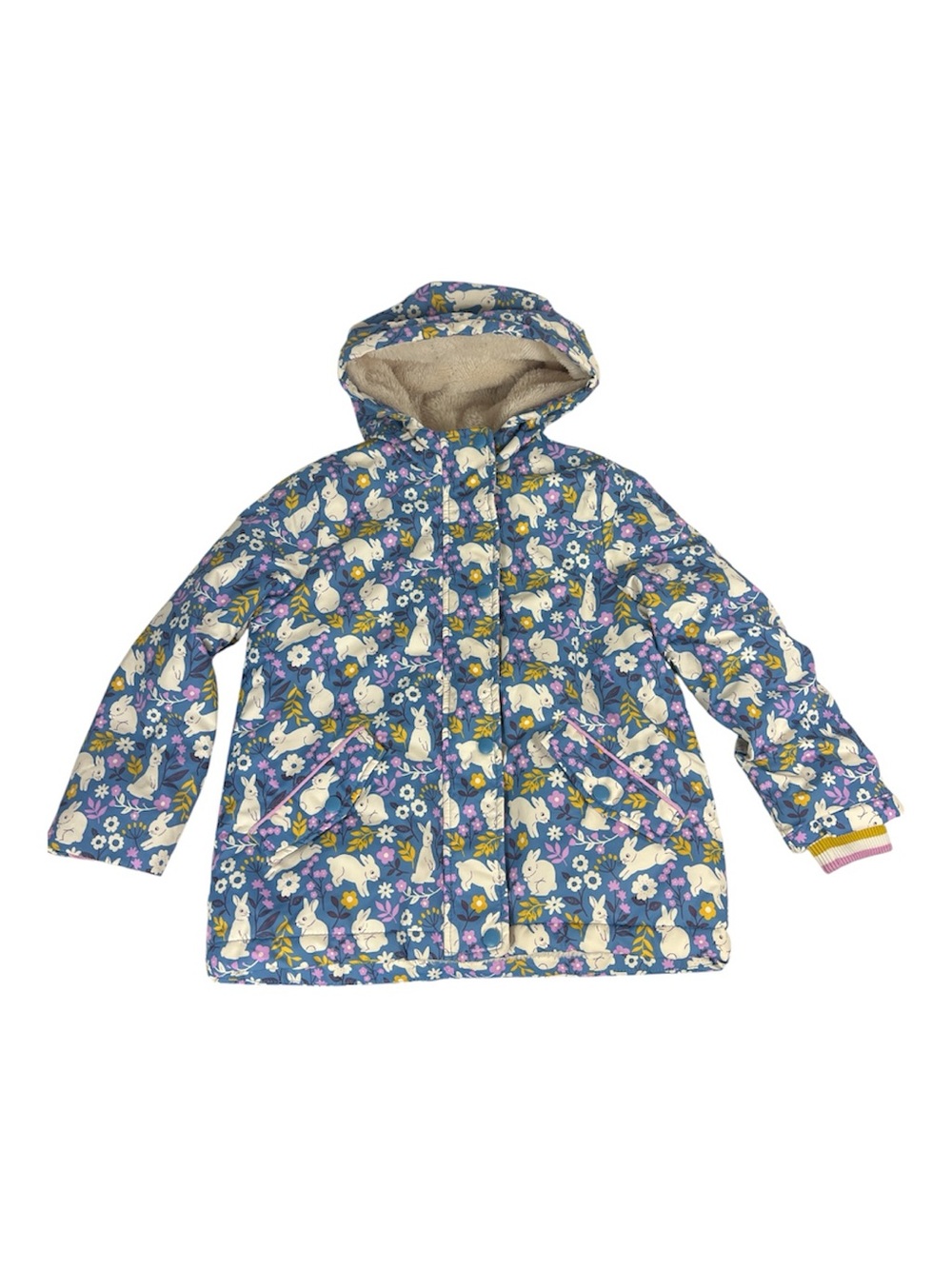 Mini Boden Sz 6 -7 Puffer Jacket Sherpa Lined Anorak Lavender Bunny Print